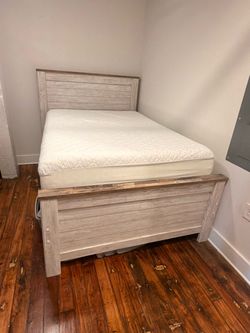 Full Size Bed Frame with Mattress , storage bins and tool box organizers and mirror !