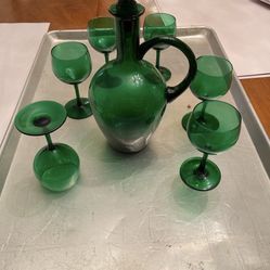 Vintage  hand-blown glass pitcher & Glasses