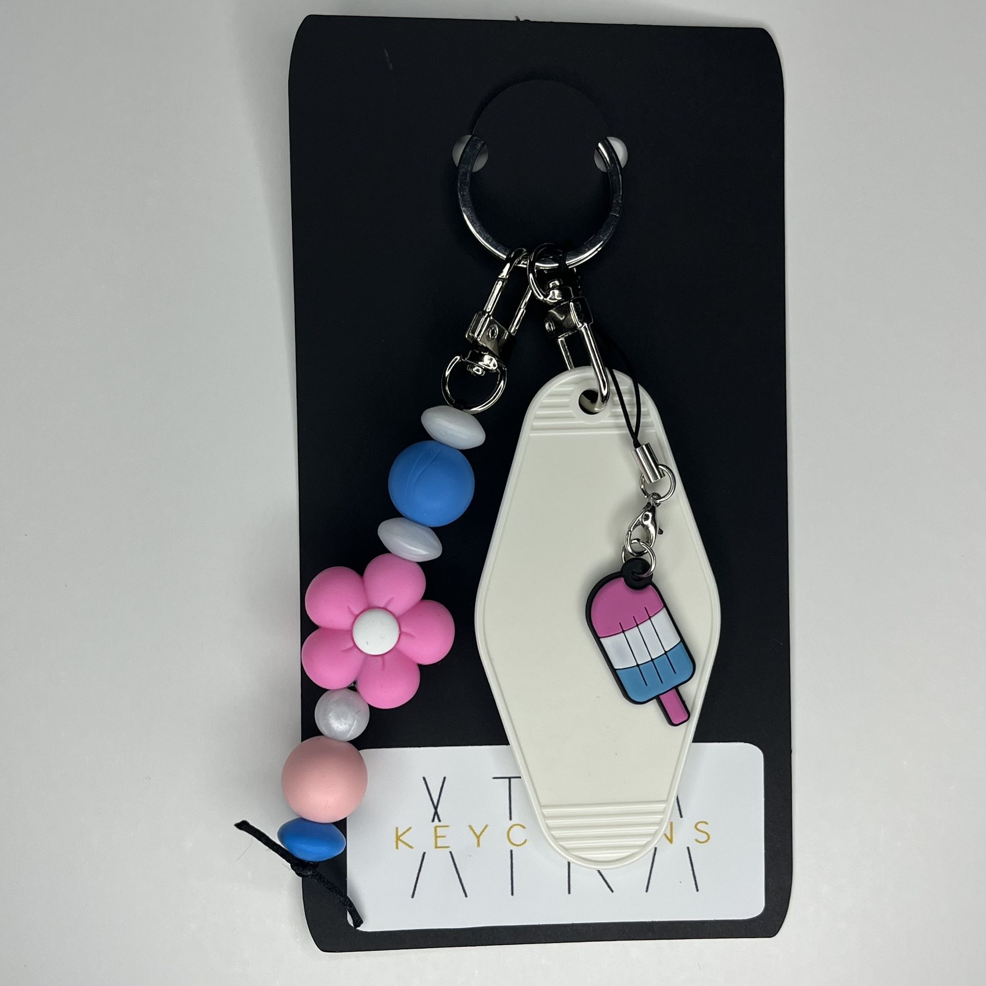 Silicone Pink Flower Popsicle White Hotel Tag Keychain