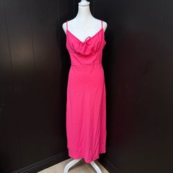 Hot Pink Tie Front Midi Dress | Smocked Back | Size Large