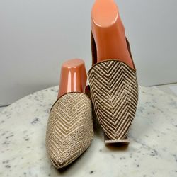MIA Woven Pointed Toe Mules Tan White Chevron Slip On Flats 8.5M