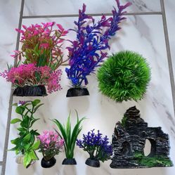 Ameliade Fish Tank Decor Set • Colorful Plants + Resin Cave
