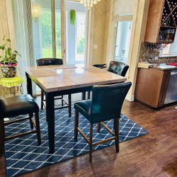 5 Piece Counter Height Marble Top Dining Table Set with Blue Carpet 