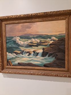 Beautiful EARLY Listed CALIFORNIA ARTIST RAY CROSBY**HAWAII? SEASCAPE ORIGINAL** CHUNKY VINTAGE FRAME 
