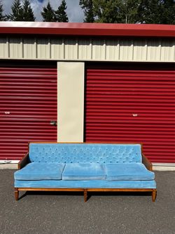 Rare Vintage Blue Velvet Wood Frame Sofa
