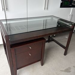 Modern Wood Desk w/ Glass Top & Filing Cabinet