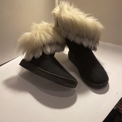 Faux Fur Wrapped Mid Calf Boots In Black Suedette