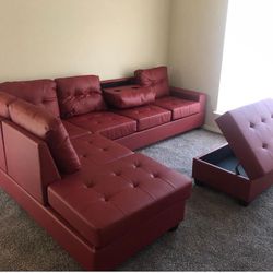 Heights Red Faux Leather Reversible Sectional with Storage Ottoman / couch /Living room set