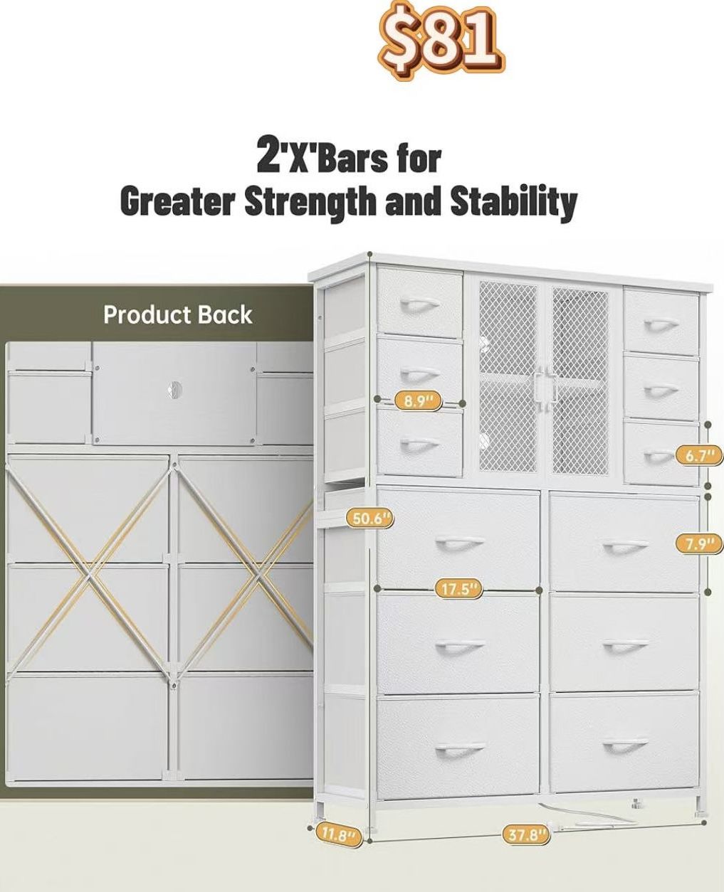 😀 EnHomee White Tall Dresser(11.8"Dx37.8"W x50.6"H) for Bedroom with Charging Station & LED & Mesh Door, 12 Fabric Drawer Dressers&Chests of Drawers