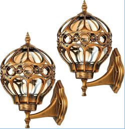 New 14.8in Gold Globe Outdoor Wall Lights Pack of 2 Brushed Gold Amber Glass E26 Anti-Rust