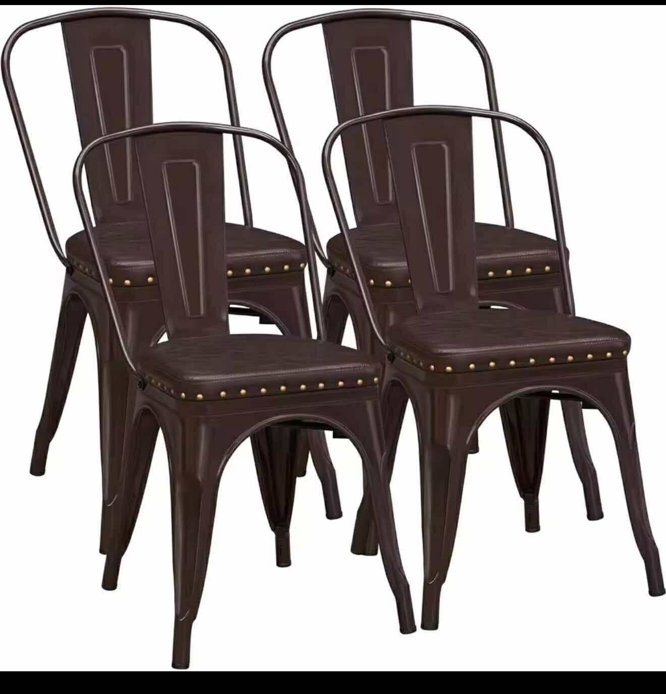 Set of 4 Dark Brown Metal Dining Chairs  Stackable Side  with Soft Cushioned High Backrest 18”  I-14