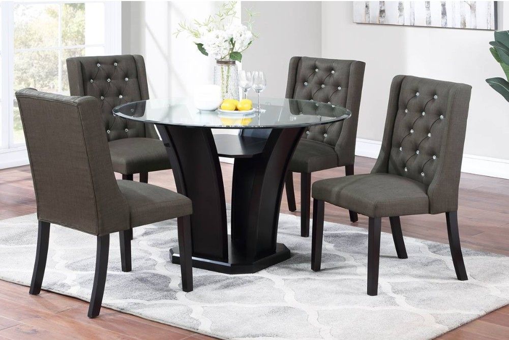 Dining Set 5 Pieces Round Glass Mirror 2 Beige Chairs And 2 Espresso Chairs🤩NEW