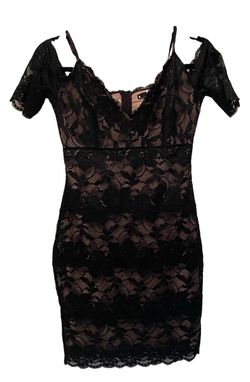 GUESS Black Lace Off Shoulder Bodycon Mini Cocktail Dress Nude Lined Small
