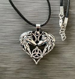 Wolves Twin Flames Silver Pendant with Cord Necklace