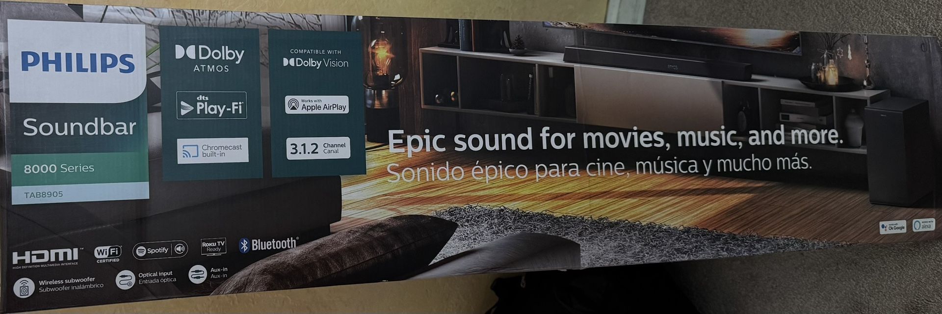 Philips B8905 3.1.2 Channel Soundbar with Wireless Subwoofer, Dolby Atmos