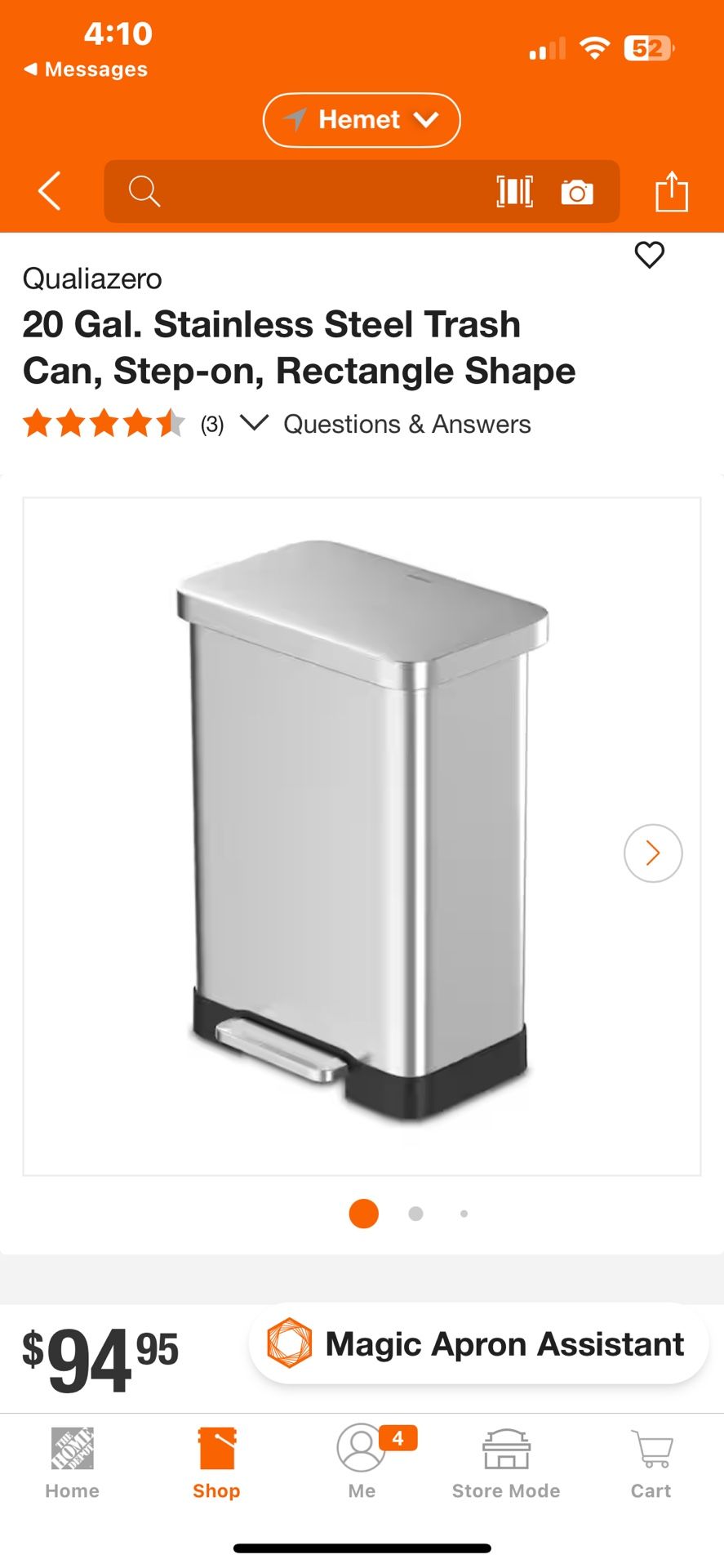 Qualiazero 20 Gal. Stainless Steel Trash Can, Step-on, Rectangle Shape