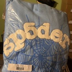 Sp5der Blue Rhinestone Web Hoodie
