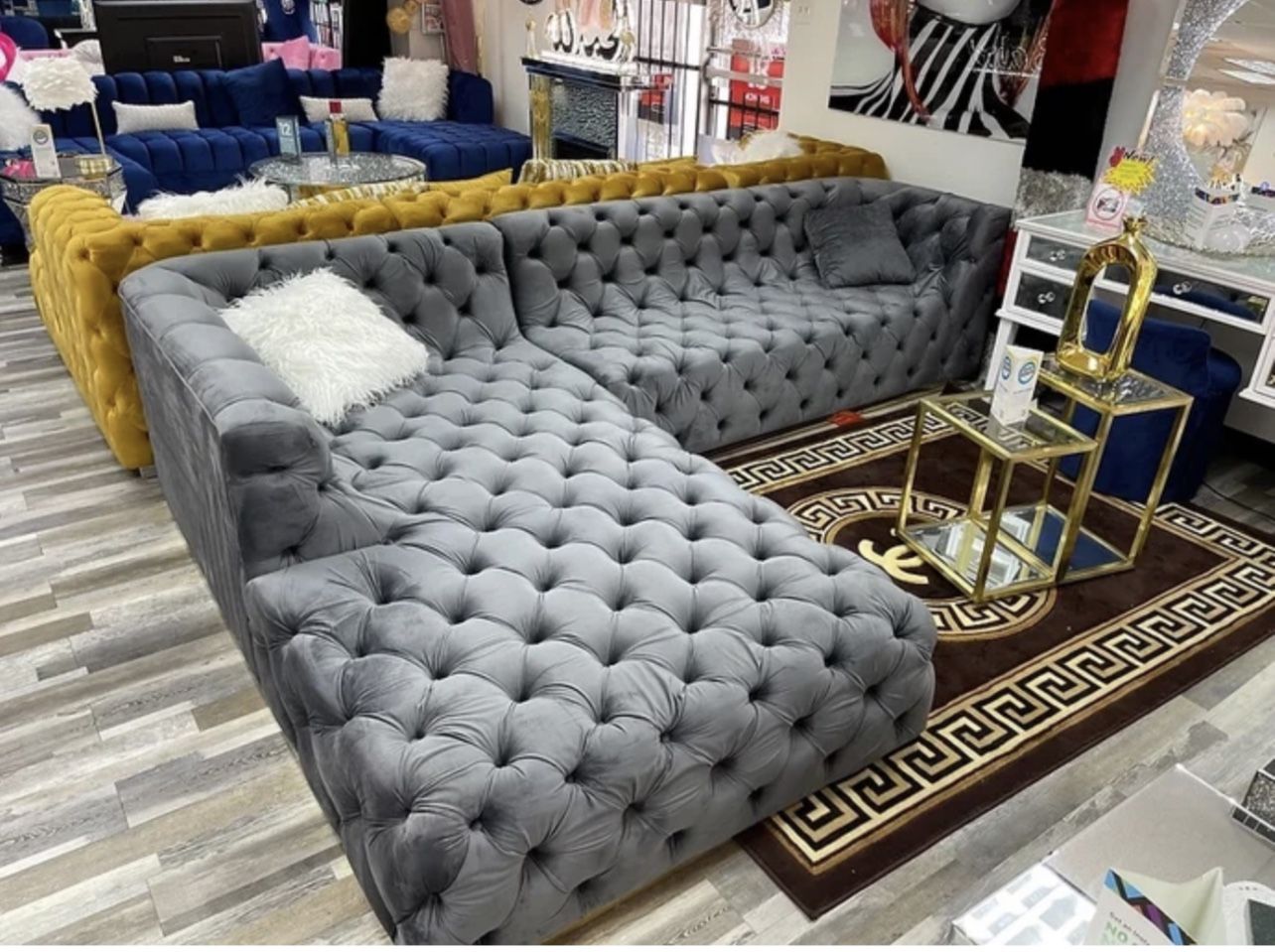 New Grey Velvet Sectional Tufted Gold Legs