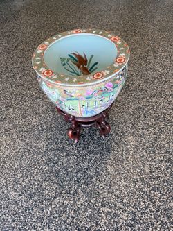 Large Chinese Porcelain Fishbowl Planter with Carved Wood Stand