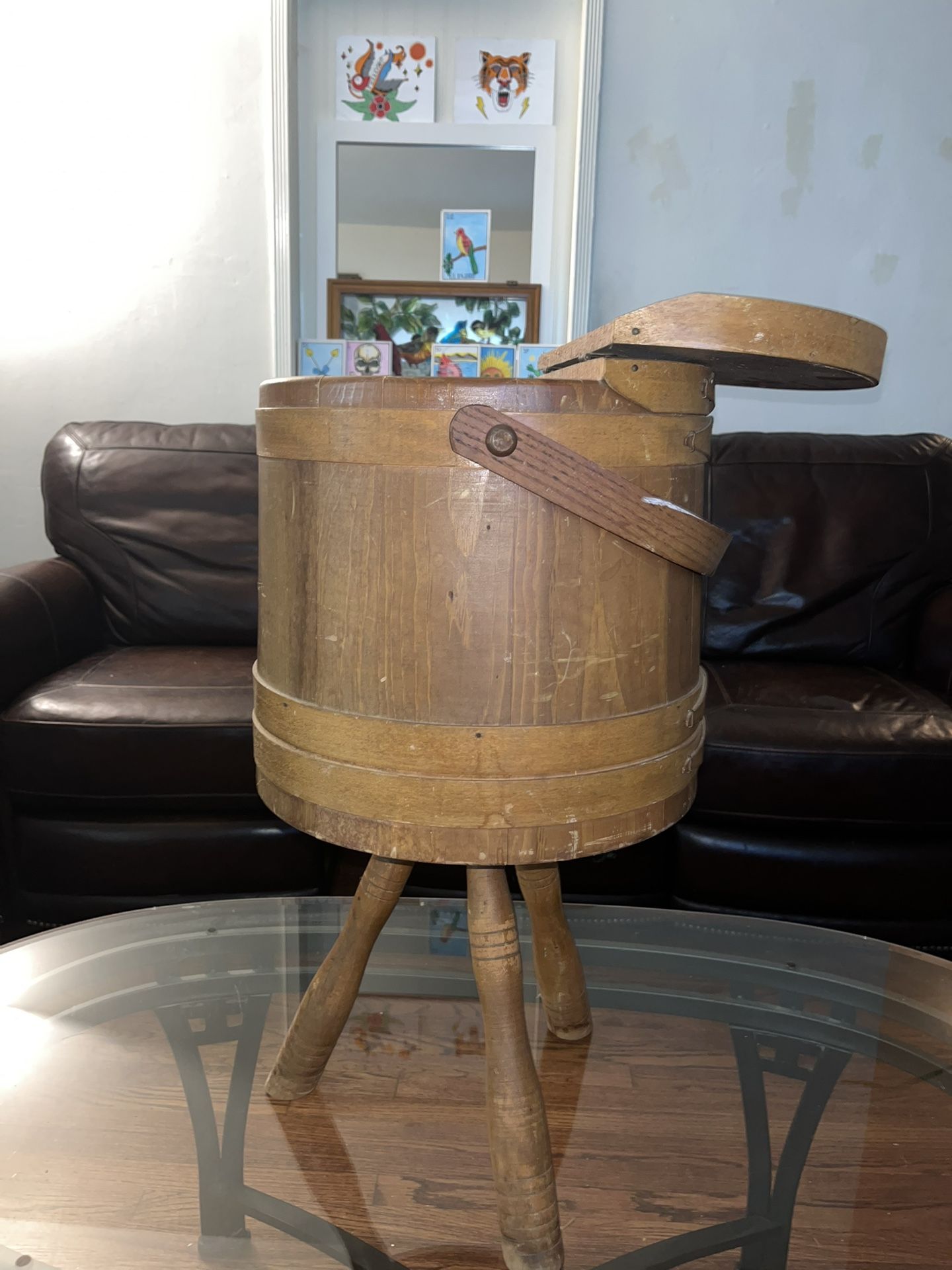 Sewing Basket Bucket Vintage Wood Firkin Stand 3 Legs Tripod Primitive holder