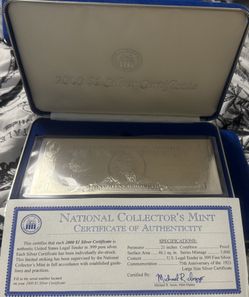 National Collectors Mint One Dollar Silver Certificate In Pure Silver