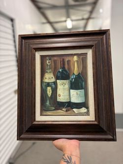 Framed Wine Bottle Still Life Oil Painting