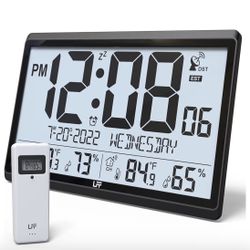 LFF Atomic Clock/Never Needs Setting, Battery Operated, Atomic Wall Clock with Indoor/Outdoor Temperature & Humidity, Wireless Outdoor Sensor, 15" Dig