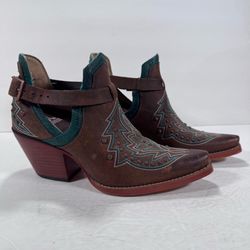 Durango Crush Brown Teal Leather Snip Toe Shortie Western Ankle Boots Size 7