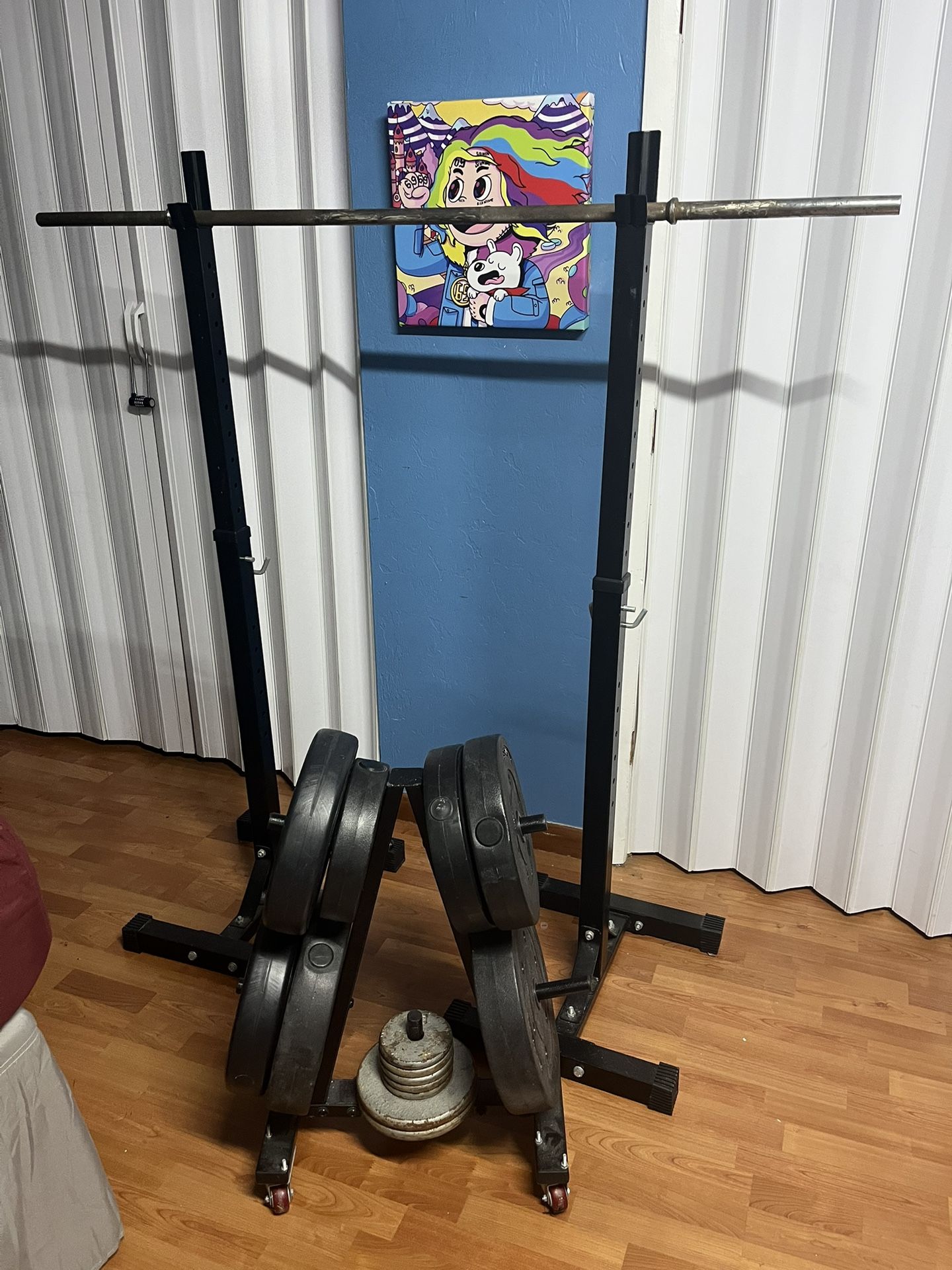 Squat Bar W/ Weights And Rolling Plate Tree