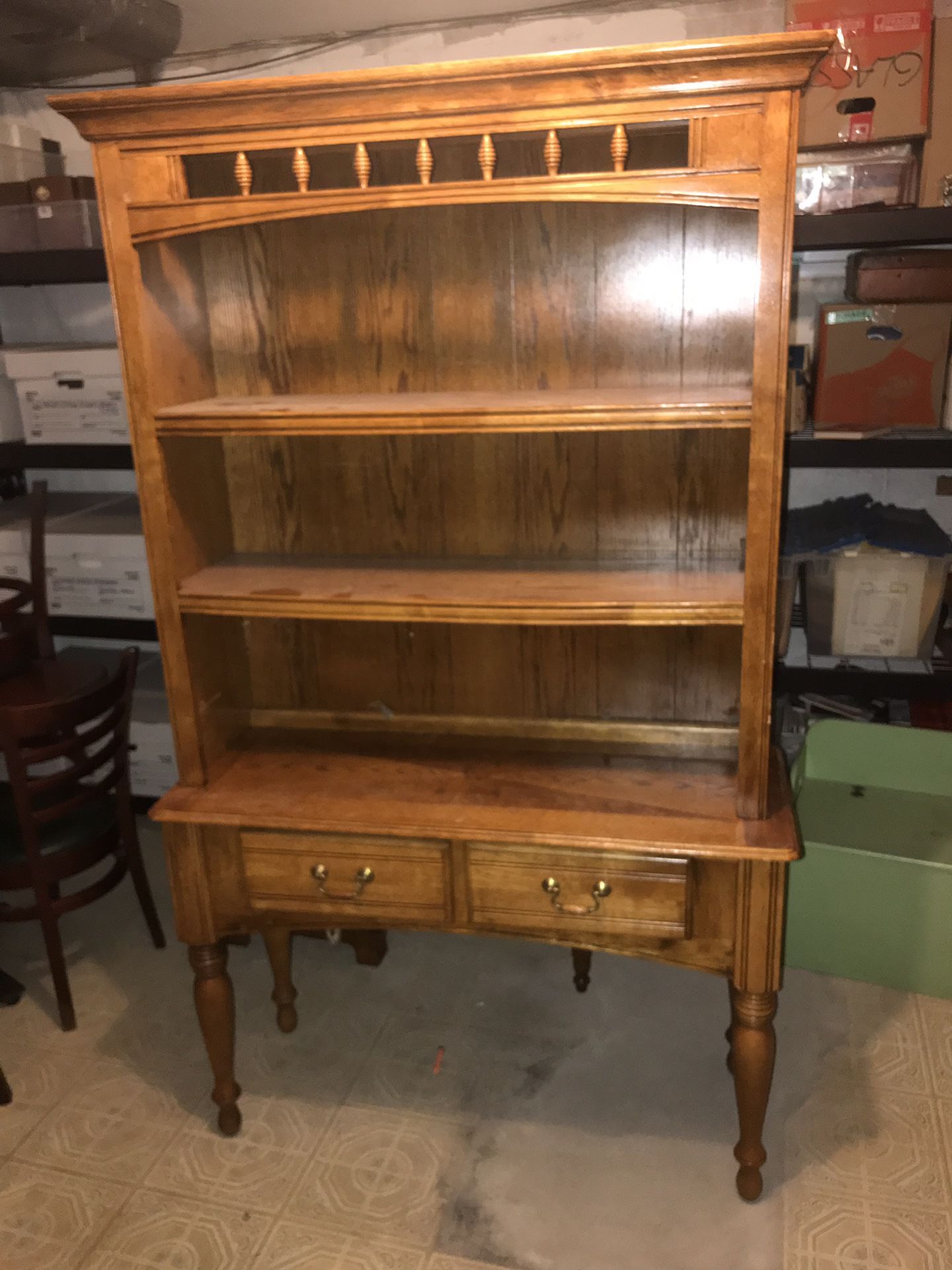 Vintage Mid Century Solid Wood Entry Table Desk Hutch Bookshelf w/ Light 46”x17”x77.5”
