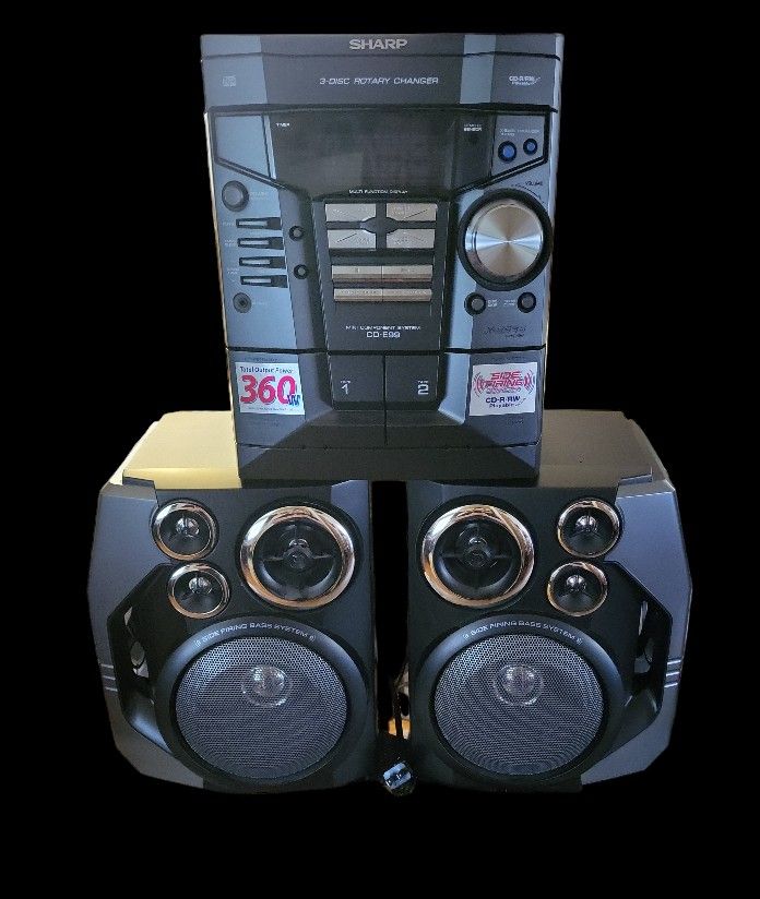 Sharp CD-E99 Stereo Shelf System with 3-CD Changer and 4-Way 5-Speaker System; 360 Watts Total Output; 3-CD Rotary Disc ; Side Firing Woofers, Remote