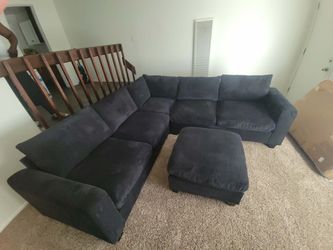 Dark Blue Corduroy Sectional Sofa with Ottoman