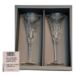 Waterford Millennium HAPPINESS BOW Crystal Toasting Flutes Marked Pair 
