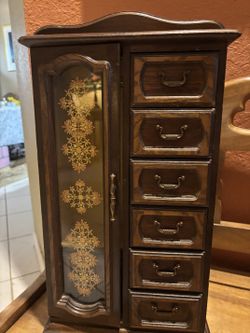 Vintage Wooden Jewelry Box with Glass Door and Ornate Floral Design