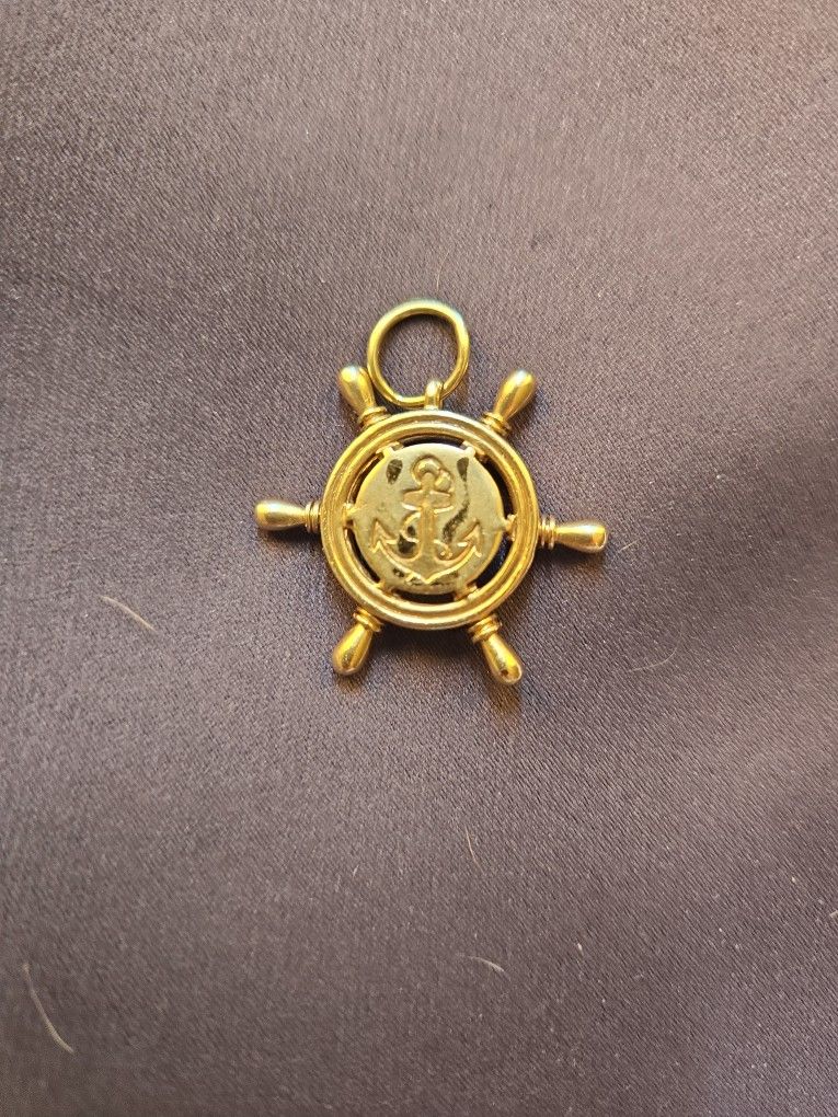 14k Gold Nautical Pendant - Anchor / Ships Wheel - Vintage