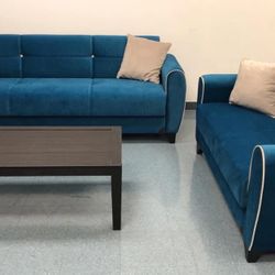 Spring Blue Sleeper Sofa & Loveseat ( Living Room Set