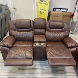 Summer clearance sale. Santiago brown leather reclining sofa and loveseat set only $1099. Easy finance option. Same day delivery.