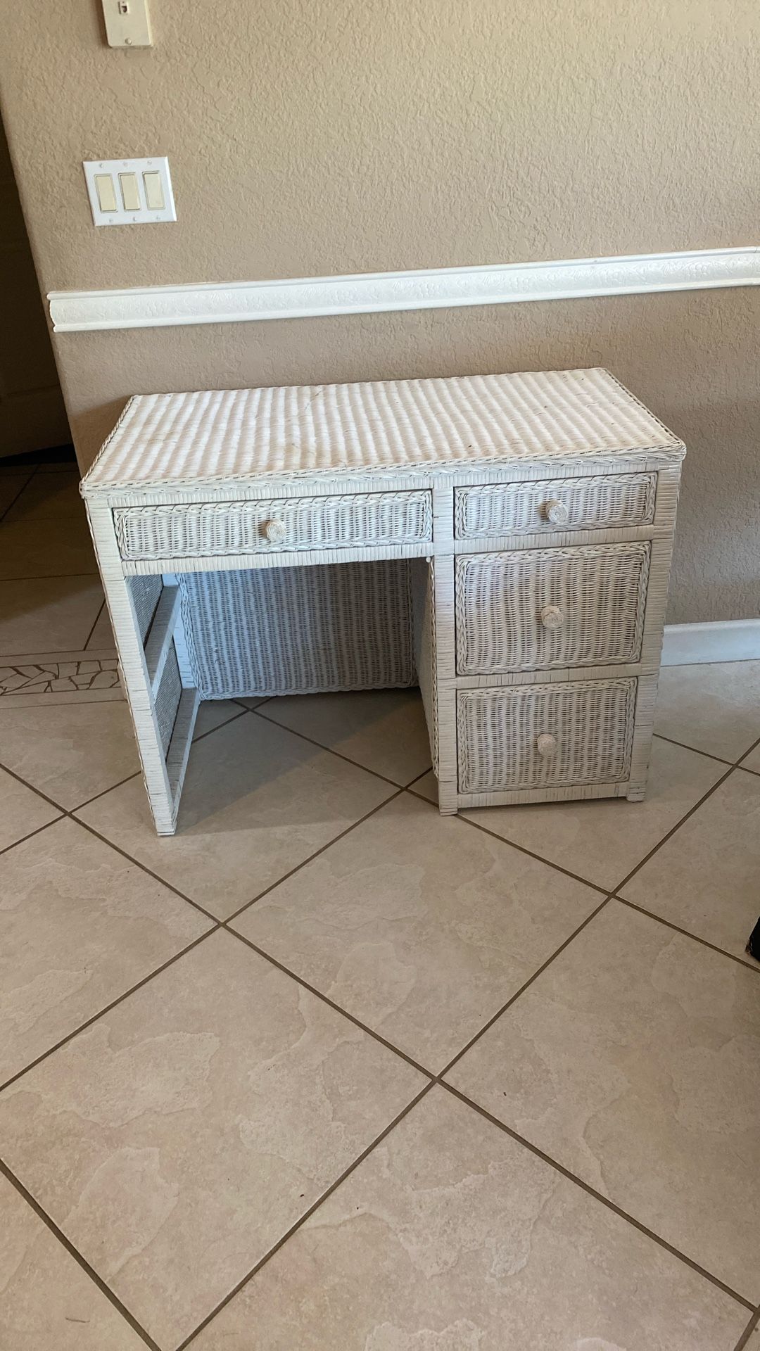 White Wicker Desk Left Opening 4 Drawer