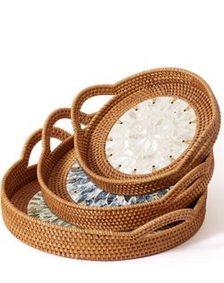 Brand New Good For Gifting Set of 3 Handwoven Rattan Serving Trays with Natural Shell Inlay – Decorative Boho Coffee Table Trays with Handles – Wicker