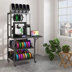 Black 65.4 in. H Heavy Duty 3D Printer Table Stand with Filament Storage Rack, T-Shaped Spools Holder Rack and Wheels