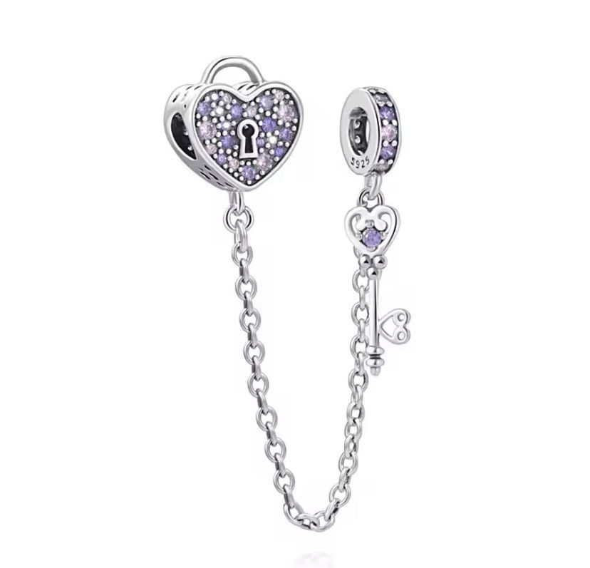 Fashion 2pc Heart & Key Safety Chain Charm w/ Pink/Purple Crystals Silver Alloy