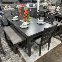 Limited Time!! 6 PCs Solid  Dining Set, Dining Table with 6 drawers + 4 chairs + 1 Bench SKU#5674