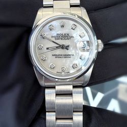 Rolex Datejust 31 31mm Midsize Stainless Steel custom MOP Diamond dial Ladies Watch 68240 smooth bezel oyster bracelet