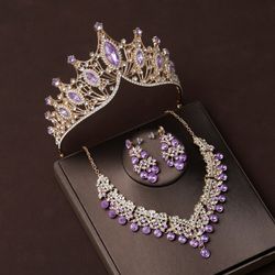 Elegant Crystal Necklace Earrings Tiara Crown Set For Women Wedding Bridal Prom