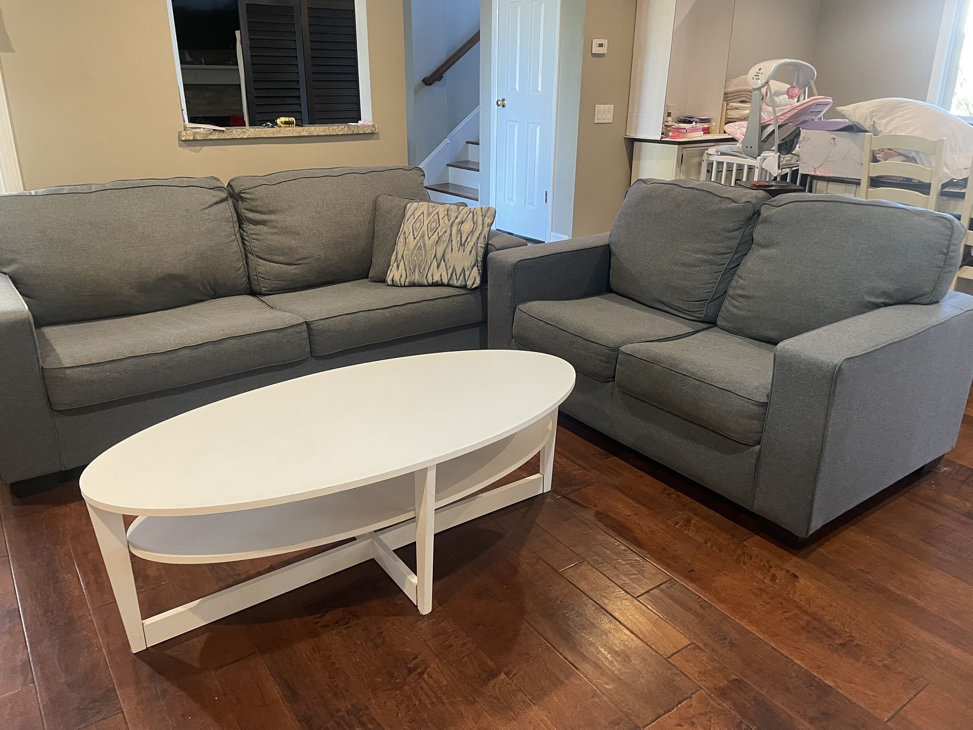 Blue Grey Couch, Love Seat & White Oval Coffee Table 