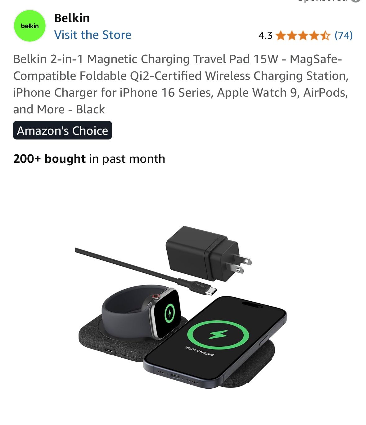 Belkin 2-in-1 Magnetic Charging Travel Pad 15W - MagSafe-Compatible Foldable Qi2-Certified Wireless Charging Station, iPhone Charger for iPhone 16 Ser