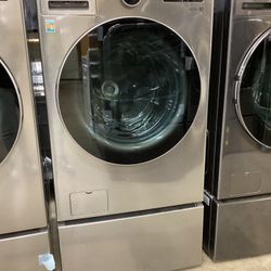LG Smart Front Load 5 cu.ft. Washer And Electric 7.4 cu.ft. Dryer Set With Pedestal Storage Drawers 