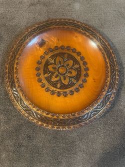 Beautiful Vintage Polish Hand Carved Wood & Brass Wall Plate 10.5”
