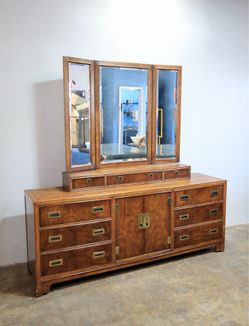 1960's Campaigner Style Drexel Dynasty Triple Dresser and Mirror