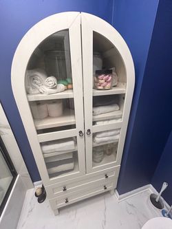 White Arched Glass Door Storage Cabinet